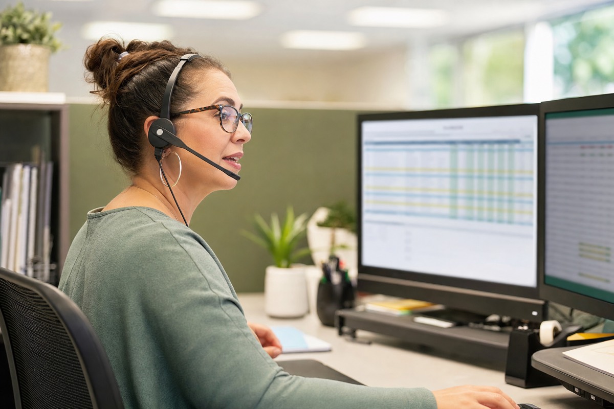 A/R recovery specialist on a headset call reviewing an aging report on screen