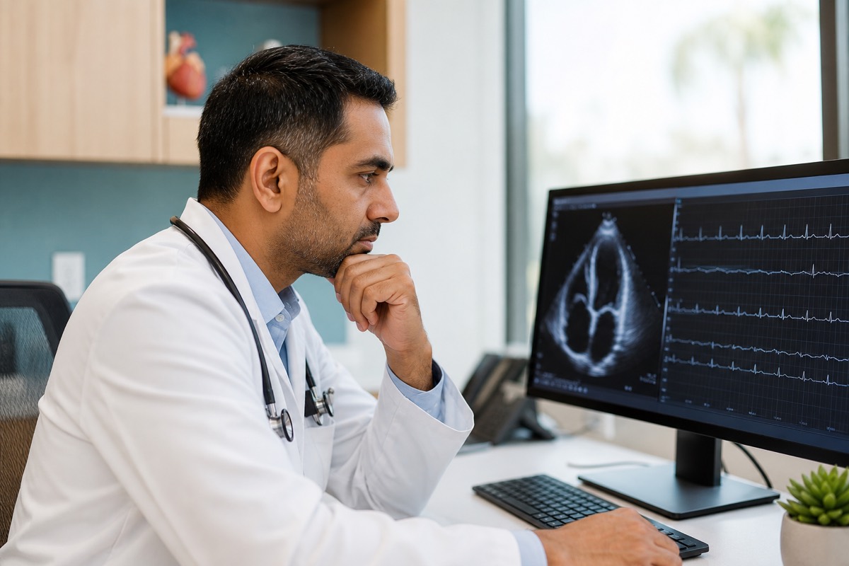 Cardiologist reviewing an ECG tracing and echocardiogram on a monitor in a clinic