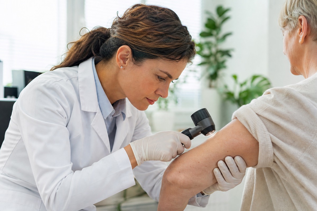Dermatologist examining a patient's skin with a dermatoscope in a clean clinic