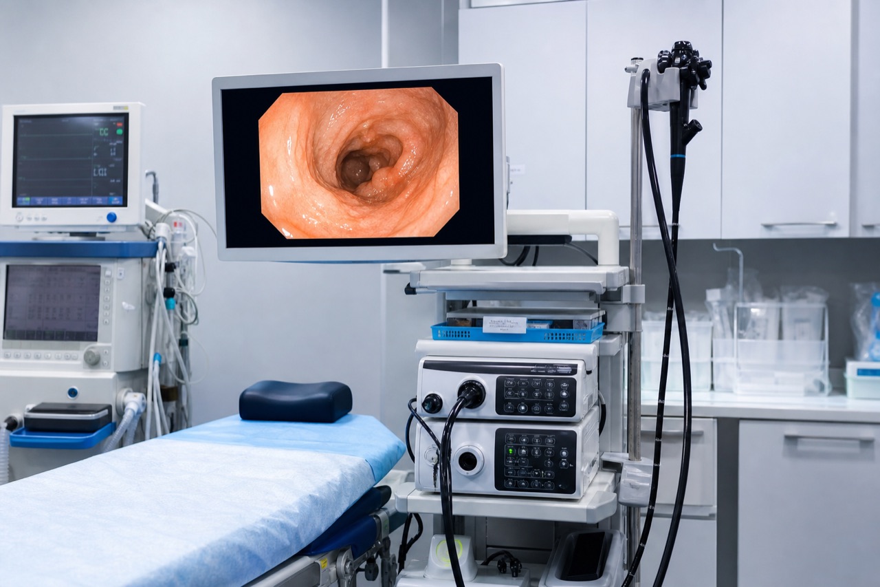 Endoscopy suite with procedure monitors and prepared scope tower in a clean GI lab