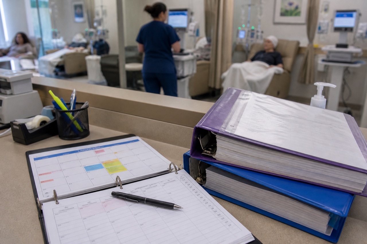 Oncology nurse station with treatment calendar and infusion documentation binders